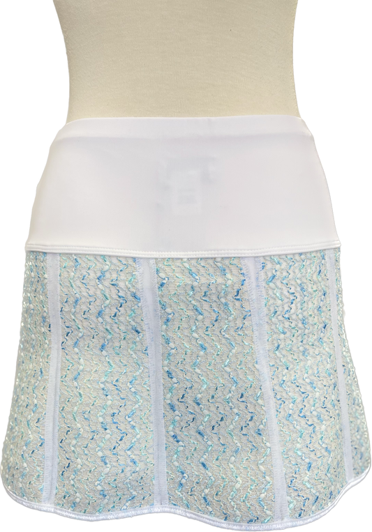 Michelle Boucle Cream and Blue Skort” with sequins, pockets